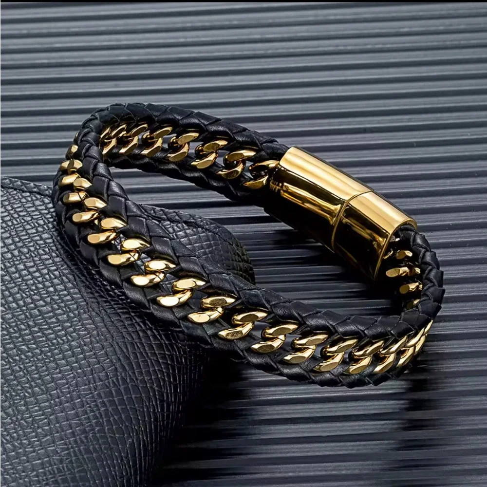 Black and Gold Braided Leather and Stainless Steel Men’s Bracelet
